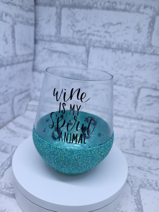 'Wine is my spirit animal' Glitter Stemless Wine Glass